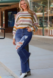 MULTICOLOR STRIPED HOLLOWED KNITTED SWEATER