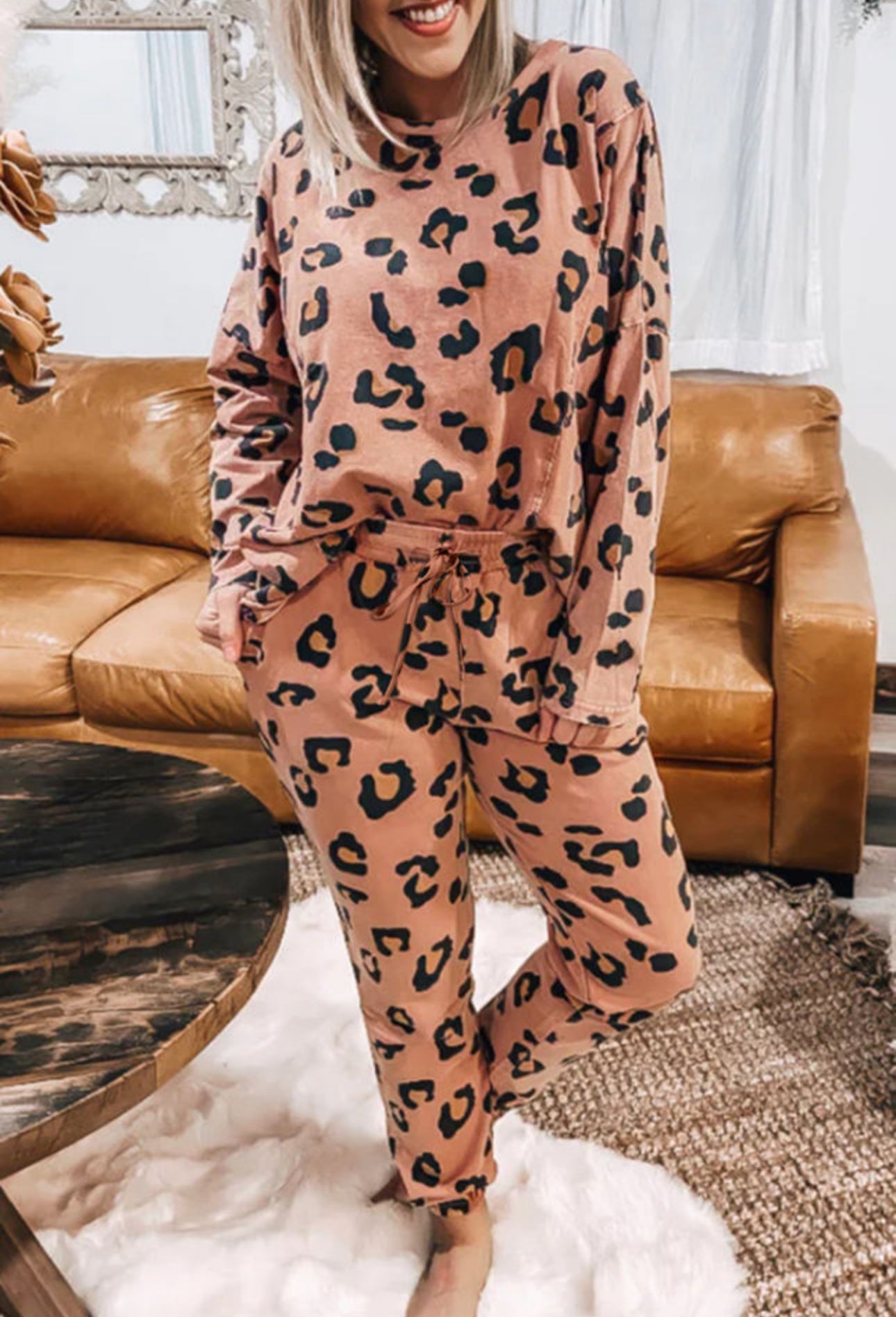 Leopard Long Sleeve Top and Drawstring Pants Set