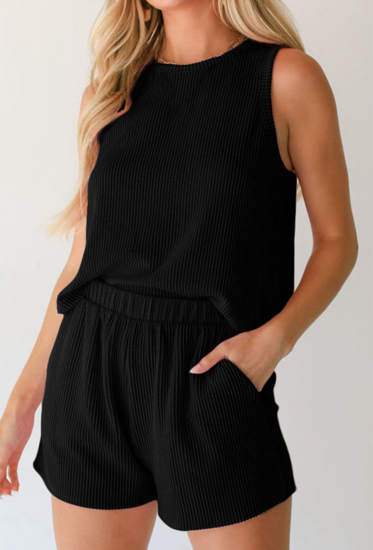 Black Corded Sleeveless Top & Pocked Shorts Set