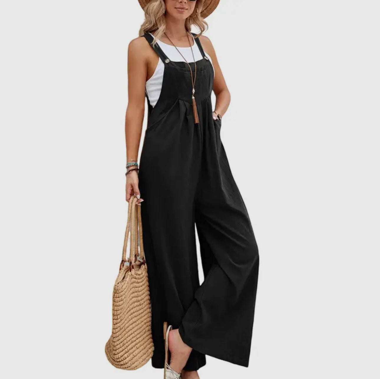 BLACK BUTTON STRAP OVERALLS