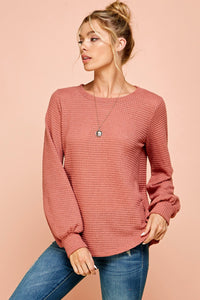 Jumbo Waffle Sweater with Puffed Sleeves