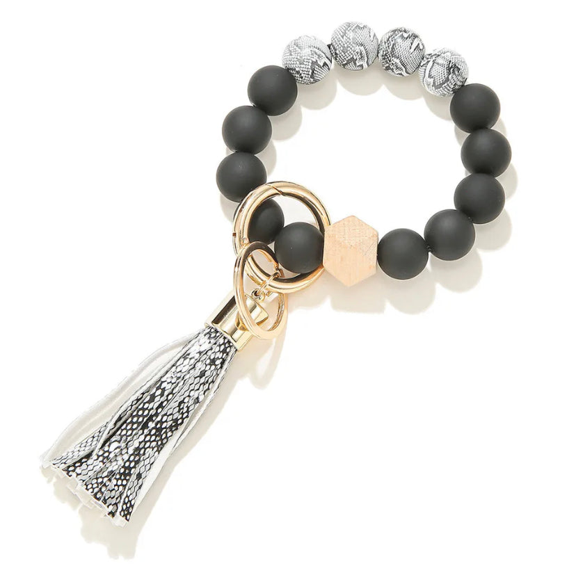 WOODEN BEAD TASSEL KEYCHAIN WRISTLET