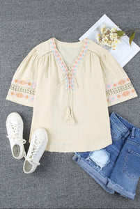 Beige Tassel Draw String Top