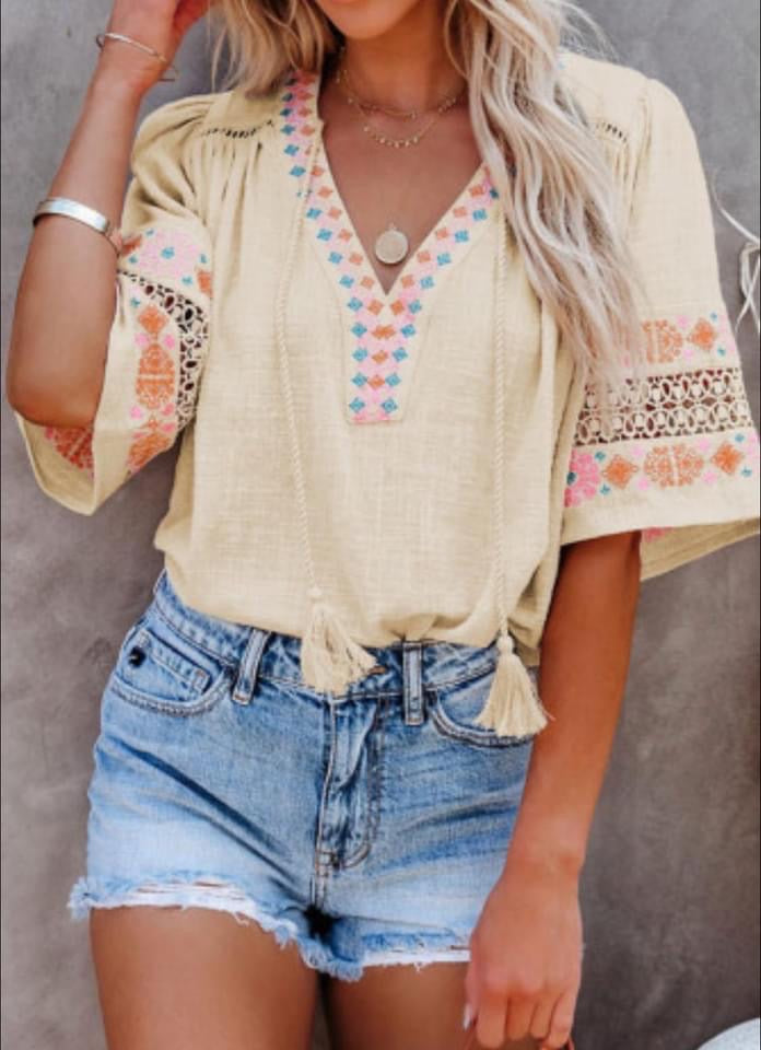 Beige Tassel Draw String Top